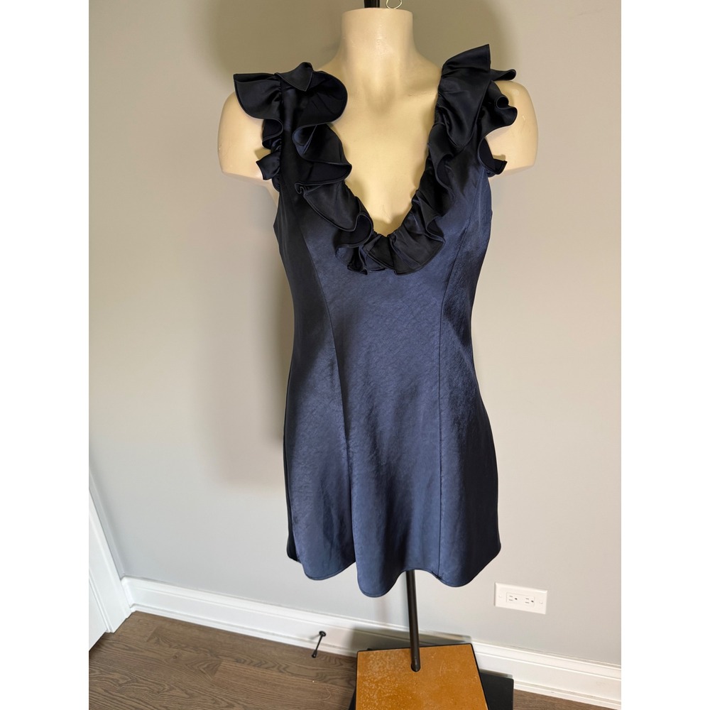 Princess Polly Navy Blue Ruffle V-Neck Open Back Satin Mini Dress US 6 - Picture 1 of 6